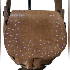 🤎 Vintage 70s Brown Leather Bag w/ Hand Painted Flowers Braided Strap